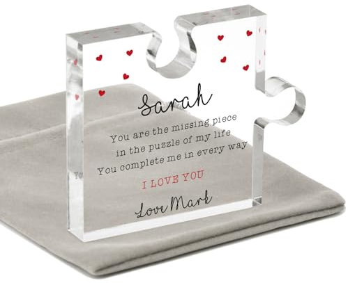 Beecreative Personalised Anniversary, Birthday, Valentines Gifts For Boyfriend Girlfriend - My Missing Piece Acrylic Jigsaw Puzzle Keepsake - I Love You Couples Husband Wife Gifts - With Grey Bag