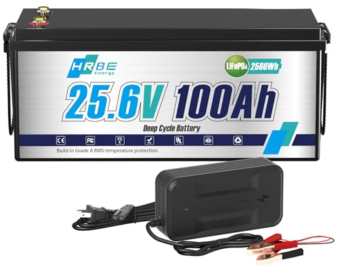 HRBEENERGY 24V 100AH LiFePO4 Batteria 1 Pack, BMS integrato 100A e celle di grado A, 24V batteria ricaricabile al litio ferro fosfato, 4000-15000 cicli profondi per RV, Solare,Motore da traino,Barca