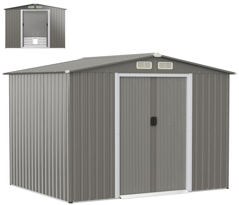 HOMASIS Casetta da Giardino in Metallo, Capannone per Attrezzi con Tetto a 2 Falde e Fondamenta, Capanno con 4 Finestre per la Ventilazione e 2 Porte Scorrevoli, 260 x 207 x 180 cm (Grigio chiaro)