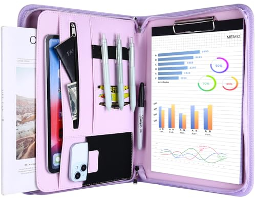 ProCase A4 Schreibmappe PU Kunstleder Konferenzmappe Portfolio mit Reißverschluss Klemmbrett Notizblock Business Dokumentenmappe, leichtes, langlebiges Material- Lila