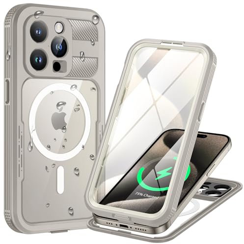 Lanhiem for iPhone 15 Pro Waterproof Case, [Compatible with MagSafe] Heavy Duty Shockproof Dustproof Cover with Screen Protector, Front and Back Magnetic Case for 15 Pro - 6.1 inch (Nature)