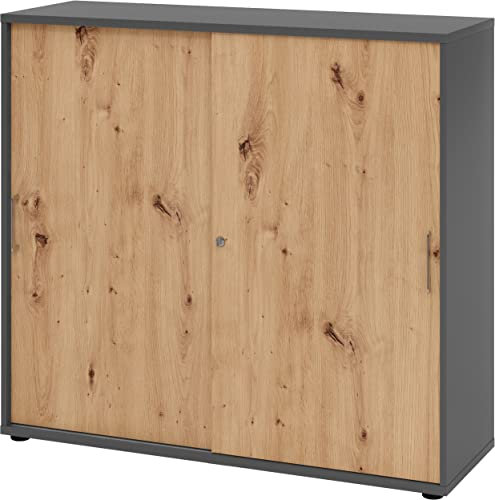bümö Schiebetürenschrank 3OH - Aktenschrank abschließbar, Sideboard Schrank mit Schiebetüren in Graphit/Asteiche, Bügelgriff - Büroschrank aus Holz mit Schiebetür, Büro Kommode für Ordner & Co.
