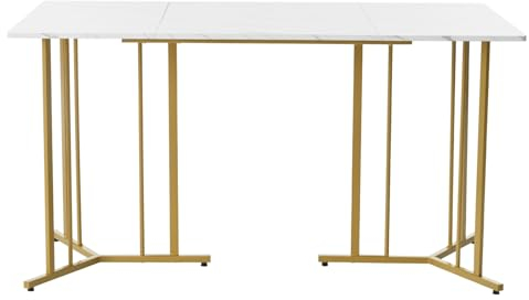 PUGSDRLY Table à manger rectangulaire - 140 x 80 cm - Structure en métal - Table de cuisine moderne en marbre - Meuble pour salle à manger et salon - Blanc + doré