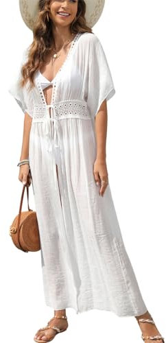 SWOAMER Damen Strand Cardigan Boho Strandkimono Kurzarm Sommer Strandkleid mit Gürtel Lang Bikini Cover up