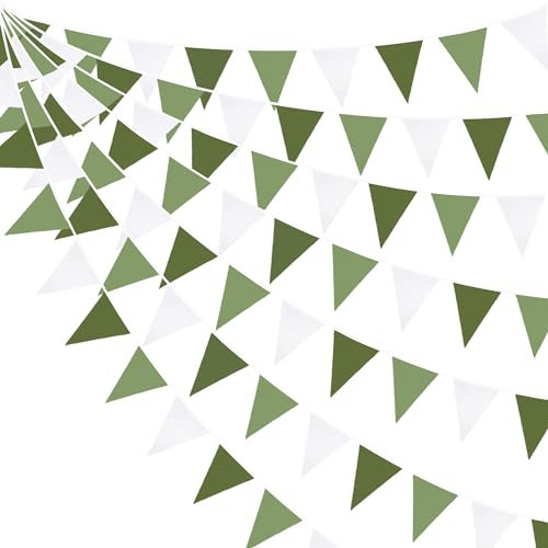 32Ft Olive Green Bunting Banner Party Decorations Sage Green Fabric Triangle Flag Pennant Garland Streamer for Birthday Wedding Spring Summer Woodland Jungle Safari Baby Shower Outdoor Hanging Decor