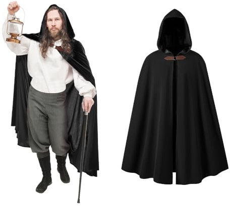 CNVAUIE Renaissance Kapuzenmantel Mittelalterliche Kostüme Herren Kapuzenmantel Hexenmantel Halloween Kostüme Kapuzenmantel (Schwarz)