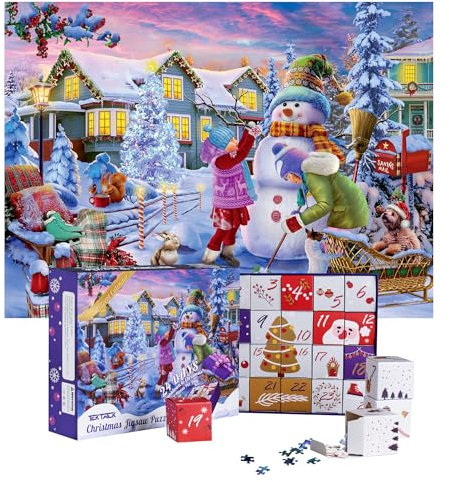 Tektalk Countdown bis Weihnachten, Urlaubsdesigns Geschenke, Adventskalender 2024 Weihnachtspuzzles, 1008 Teile Puzzles, 24 Boxen Puzzles für Erwachsene und Kinder (Schneemann Stapeln)
