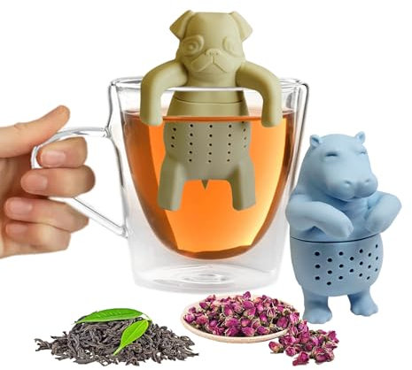 LUHEVIDIA 2PCS boule a the en silicone, joli coffret cadeau infuseur thé pour thé en feuilles, boule à thé réutilisable, cadeaux pour les amateurs de thé(Hippopotame + Carlin)