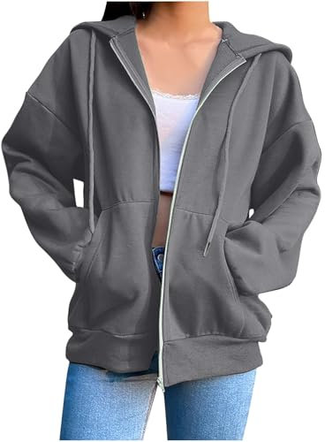 Damen Kapuzenpullover mit Reißverschluss, übergroß, dünn, leicht, lässig, langärmelig, Sweatshirts mit Taschen, lockere Y2K-Kapuzenmäntel, Outfits, B-Dunkelgrau, XXL