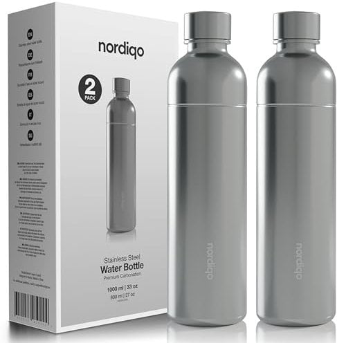Nordiqo Premium 1L Stainless Steel Bottle - Compatible with SodaStream (not Crystal), Aarke & other Soda Makers | No Expiration Date | Dishwasher Safe | Leak Proof | BPA-Free (Stainless Steel X 2)