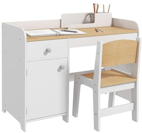 ZONEKIZ Kids Desk and Chair Set for 3-6 Years, 2 Piece Children Study Table with Storage Cabinet, Drawer for Writing, Reading - White
