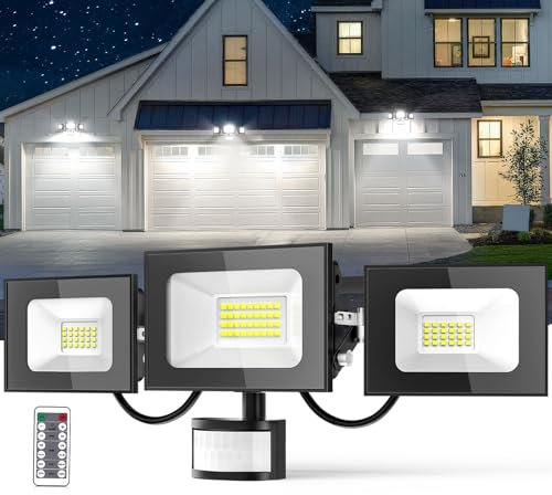 Bellanny 100W Faretto Led da Esterno, 10000LM 6500K Bianca Fredda Faro con Sensore di Movimento, IP65 Impermeabile 3 Moda Luci di sicurezza Proiettore a tre teste per Interno,Giardino,Garage,Cortile