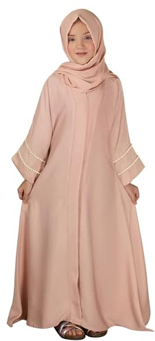 FYMNSI Muslim Dress for Girls Kids Prayer Outfits Chiffon V-Neck Maxi Abaya One-Piece Dress Robe with Hijab Set