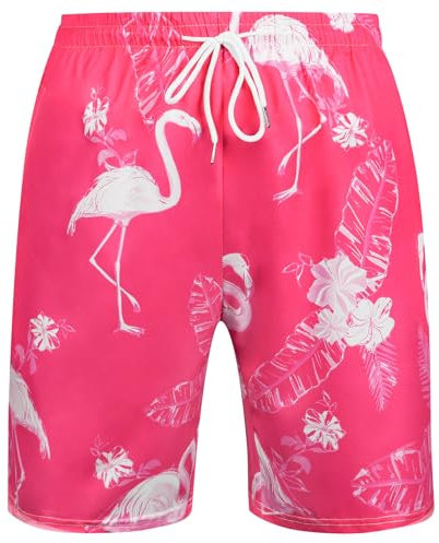 Aomig Men's Swim Trunks Swimming Shorts, Hawaiian Flamingo Print Swim Trunks Hawaiian Board Shorts, Quick-Dry Swimming Running Shorts with Pockets, Summer Holiday Surf Beach Shorts(Rose-M)