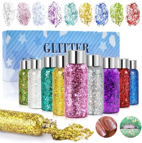 NEWJEK 9 Botellas Purpurina Cara Líquida, Glitter Cuerpo, Gel Pelo para Fiesta, Pelo, Labios, Uñas (Dorado, Plateado, Blanco, Rosa, Verde, Morado, Turquesa, Rojo, Azul)