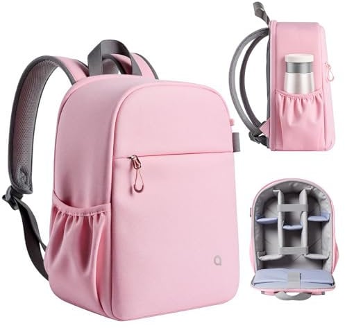 llano Mochila para Cámaras DSLR/SLR/Mirrorless,Bolsa fotográfica resistente al agua con compartimento para portátil y soporte para trípode, mochila compacta para viajes & al aire libre, 10 L, Rosa