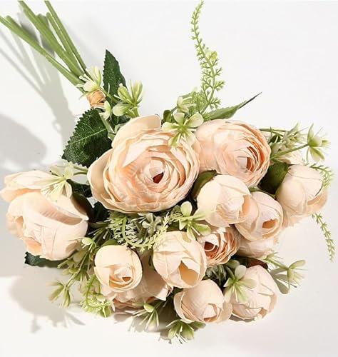VATTEN HOME Bouquet di fiori artificiali, 28 cm, rosa, poliestere+PE+ferro, molto realistico, colore brillante (14 fiori champagne rose)