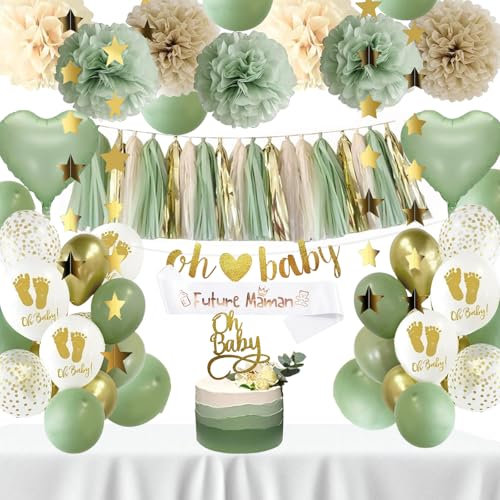 QGGTQG Babyparty Deko, Grüne Baby Shower Deko, Oh Baby Dekoration Luftballons Girlande Banner, Gender Reveal Party Deko Junge Mädchen mit Mummy to be Schärpe Babyshowerparty Neutral (Grüne)