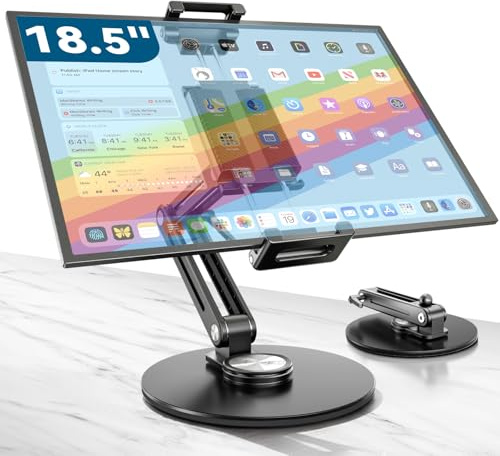 Portable Monitor Stand Large Clamp - Heavy Duty Aluminum Body supports up to 4.4 lbs 16 17.3 18.5 inch 360° Rotating Base Swivel Foldable Desk Stand for iPad Holder Tablet Mount for Kitchen/Travel