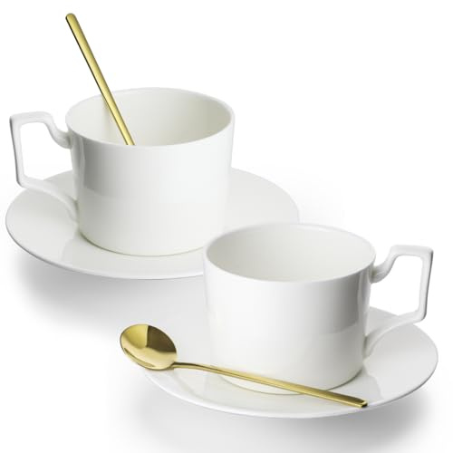 zeeooil Coffee Cup Set - Ceramic Coffee Cups with Saucers Stainless Steel Spoons (2Cups 2Saucers 2Spoons)