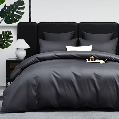 Gezu Bettwäsche 200x220cm Mako Satin Baumwollesatin Bettwäsche Set Grau Anthrazit 100% Baumwolle 3 Teilig Baumwolle Atmungsaktiv Weich Bettbezug 200x220cm und Kissenbezug 80x80cm mit Reissverschluss