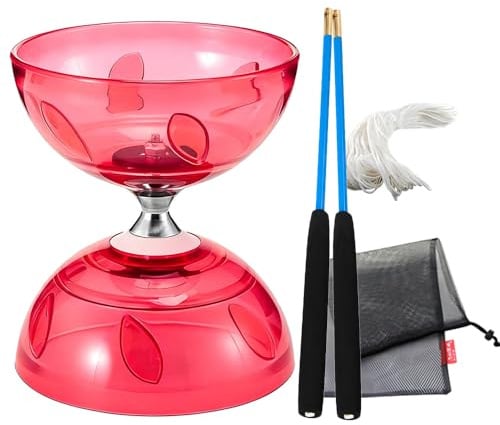 PLLYPE Diabolo Freiläufer mit Kugellager, Dreifache Lagerung Set mit Ersatzseil 10m, Netzbeutel und Profi-Stange, Dreifachlager für Anfänger und Erwachsene(Rot)