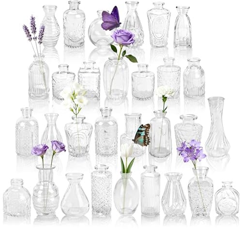 BTSD-home 30 Stück Kleine Blumenvasen Set zur Party Hochzeitdeko | Stabiler verdickter Boden Eventplaner Großpack Restaurant Tischdekoration Verschiedene Formen im Set