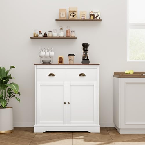 Thaookte Küchenschrank, Sideboard Mit 2 Schubladen, Aufbewahrungsschrank Mit 2 Türen, Verstellbare Ablage, Landhausstil, Buffetschrank Für Wohnzimmer, Küche, Esszimmer, 80 x 40 x 90 cm, Weiß