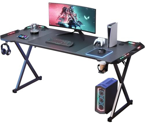 Hellove Gaming Tisch 160 x 60 cm, Gaming Schreibtisch mit LED, PC Tisch mit Kohlefaseroberfläche, Stabiler Computertisch mit Aufbewahrungstasche & Getränkehalter & Kopfhörerhaken, Schwarz