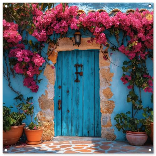 MuchoWow© Décoration Jardin 100x100 cm Bâche Décorative Posters Décoratifs Decoration Balcon Affiche Extérieur Déco Appartement Deco Exterieur Porte - Bois - Fleurs - Bleu