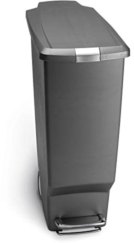 simplehuman CW1363 40L Slim Recycling Kitchen Pedal Bin with Lid Lock, Silent Soft Close Lid, Built In Wheels, Stay-Open Lid, Grey Plastic, W 26.0cm x H 64.0cm x D 49.0cm
