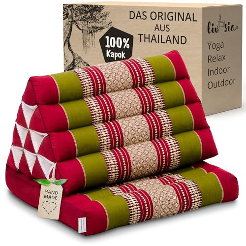 livasia Thaikissen mit 1 Auflage - 75x50x8cm - Dreieckskissen mit Sitzkissen, Keilkissen mit Kapok, Rückenkissen faltbar, Thaimatte zum Klappen, handgefertigt, Meditationskissen (Rot/Grün)