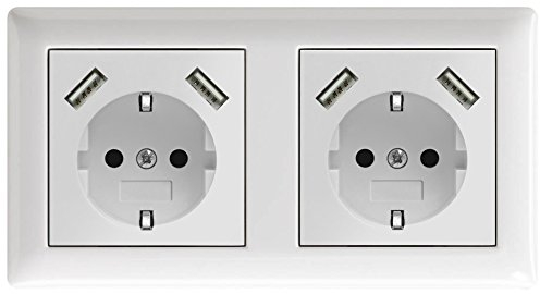 230 V Steckdose mit 2 x USB Ladegeräten, Schuko Wandsteckdose Unterputz, passend für Gira System 55, Jung AS 500, Reinweiß glänzend, Alpinweiß, Weiß, TÜV Rheinland zertifiziert (Doppelsteckdose)