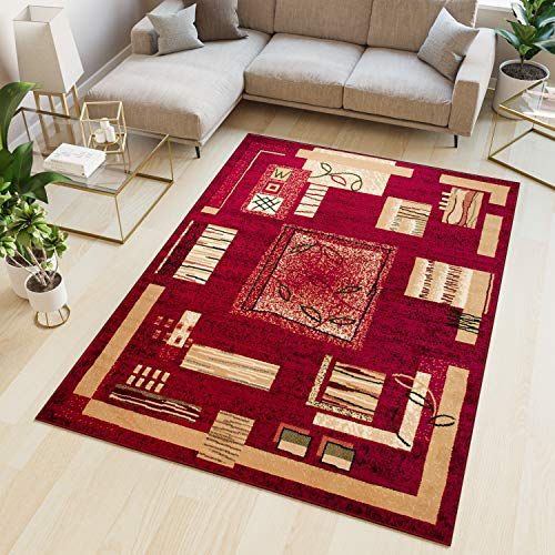 TAPISO Atlas Teppich Kurzflor Vierecke Blumen Rot Beige Creme Schlafzimmer Wohnzimmer Vintage Modern ÖKOTEX 250 x 350 cm