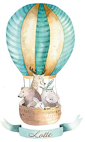 GRAZDesign Wandtattoo Kinderzimmer Luftballon mit Tieren | personalisiert mit Name | Babyzimmer Deko Jungen und Mädchen | Baby Aufkleber | türkis, Aquarell Farben, 66x40cm