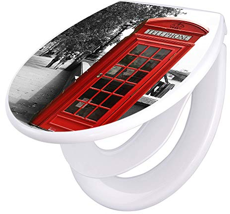 banjado Familien WC Sitz mit Absenkautomatik 44,5x37cm / Klodeckel/Klobrille mit Kindersitz aus hochwertigem Polypropylen/Toilettensitz Kindersitz integriert Motiv London Red Telephone