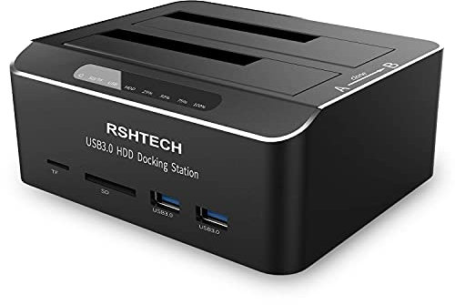 RSHTECH USB 3.0 to SATA Dual Bay External Hard Drive Dock with SD TF Card Reader for 2.5 & 3.5 Inch HDD SSD Support Offline Clone/Duplicator Function, Tool-Free Docking Station (2x12TB Supported)