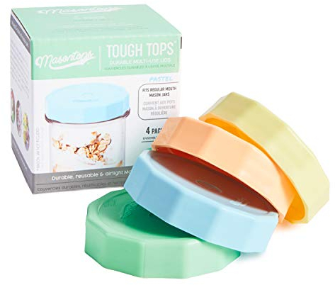 Masontops Tough Tops Hochwertige, Wiederverwendbare Lagerdeckel für Einmachgläser – 4er Packung – Passt auf jedes Kleine/Normale Einmachglas von Ball, Kerr und Bernardin - Vielfarbige Pastel