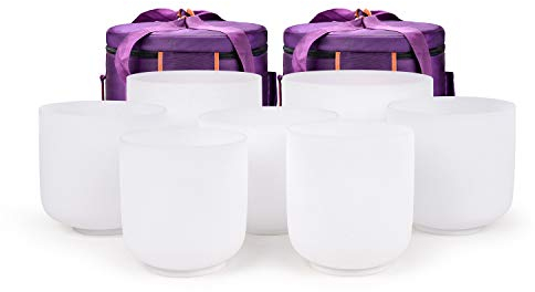 TOPFUND 432 Hz Chakra Set of 7 Crystal Singing Bowls 6-10 inch with Heavy Duty Carrying Cases and Singing Bowl Mallets