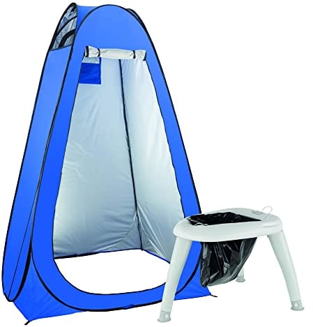 Stagecaptain Quixie Privacy Toilet Set - Festival- und Reisetoilette mit Sichtschutz-Zelt - Für Kinder und Erwachsene - Mit Handwaschsprayer - Inklusive 10 Auffangbeutel - Blau