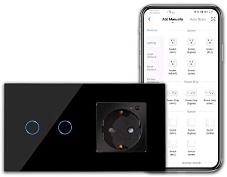 CNBINGO WLAN Steckdose und Smart Lichtschalter - Touchschalter zweifach und Schuko Steckdose unterputz Arbeit mit Alexa, Google Assistant - Glasrahmen und Status-LED - Neutralleiter Wird Benötigt