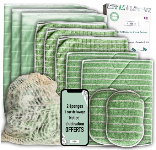 Kit 11 Chiffons Bambou Microfibres XXL, Éponges Lavables + Sac Offerts, QUALITÉ PREMIUM, Lavettes | Lingettes pour nettoyer les Traces sur Vitres, Voiture, Inox, Plaque de cuisson, Lunettes, Vaisselle