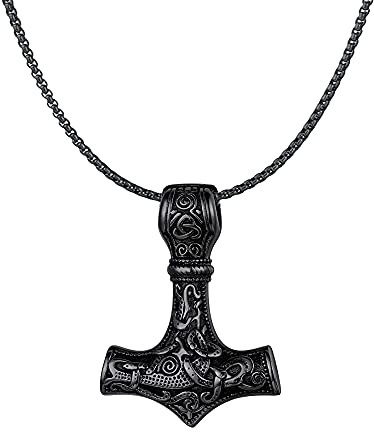 YUMUN - Collar de martillo de Thor, collar vikingo de acero inoxidable, collar de Amuleto colgante de martillo Thor, collar nórdico vikingo, joyas vikingo Norse para novios hombres mujeres unisex