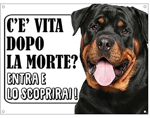 CARTELLO ATTENTI AL CANE - ROTTWEILER c'è vita dopo la morte, entra e lo scoprirai - Con Adesivo in Vinile e Pannello in Forex (Pannello 5mm Stampato)