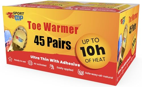 Toe Warmers (45 Pairs) - Up to 10 Hours of Heat, Easily Apply with Adhesive - Ultra Thin, Easy, All Natural - Air Activated, Odorless Hot Toe Warmers - Sport Temp