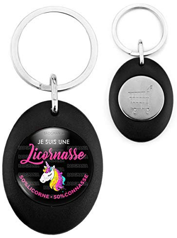 Badgmania Porte Clés Ovale Noir Jeton de Caddie Je suis une Licornasse 50% Licorne 50% Connasse n11 - Humour Idée Cadeau Femme