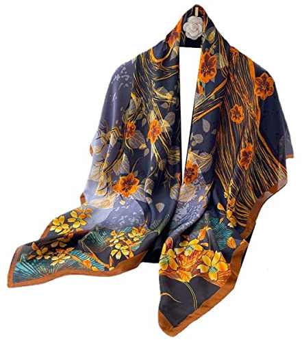 WEIGEER Silk Shawl - Women's White Neckerchief Head Wraps, Ladies Beach Shawl, Vintage Painting Bridal Belt, Chiffon Scarf, Muslim Colourful Cloth, Christmas Scarf (Blue-orange)