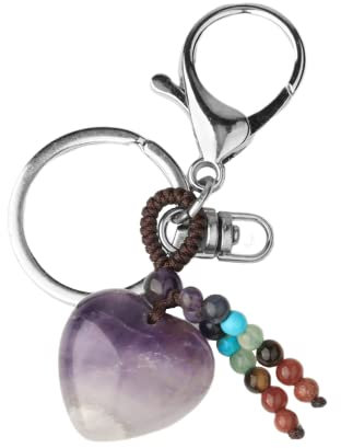 ZDHC Edelstein Kristall Herz Anhänger Schlüsselanhänger Natürliche 7 Chakra Steine Quaste Schlüsselanhänger Reiki Heiltasche Charm für Frauen Mädchen, Amethyst 2, One size