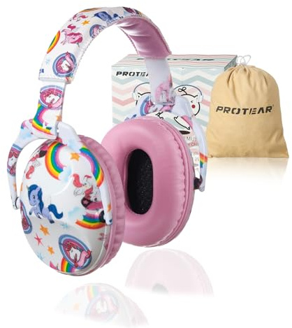 PROTEAR Kids SNR 28dB Noise Reduction Ear Protection Safety Muffs, Adjustable Defender for Kids, Children Hearing Firework (Pink Unicorn) Pink Band