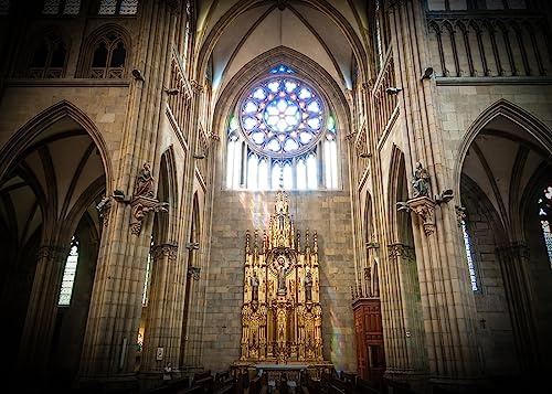 Loccor Fabric 10x8ft Old Catholic Church Photography Backdrop Golden Altar Centrel Stained-Glass Window Arches Columns Religion and Faith Holy Places Architecture Interior Background Photo Props